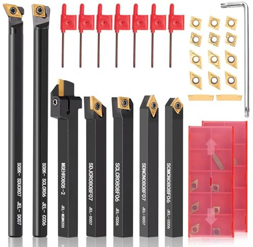 Lathe Turning Tool Set, 8mm Shank Metal Lathe 7Pcs Lathe Tools for Grooving, Threading, and Semi-Finishing - Includes 2 Box Carbide Inserts (8mm)