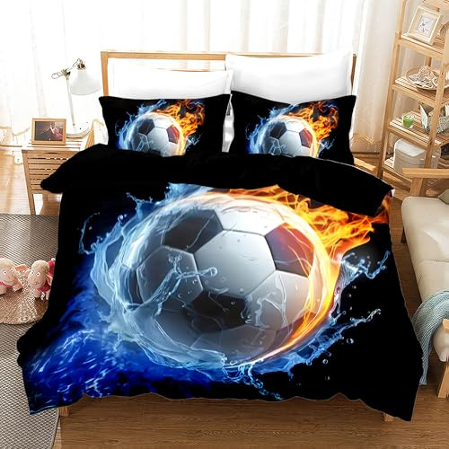 Set de linge de lit football, motif football Imprimer Housse de couette en microfibre, avec fermeture éclair et 2 taies d'oreiller 50 X 75cm, pour décoration de chambre à coucher (D, 200x200cm)