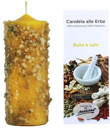 Velón Herbóreo Ruda y Sal – Vela Amarilla con Hierbas Naturales para Limpieza y Protección Energética | Ritual Esotérico con Ruda y Sal | Incluye Oración e Instrucciones