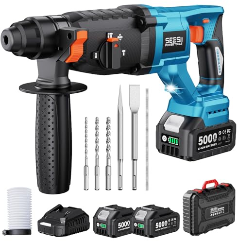 Seesii 3.2J Martello Perforatore a Batteria: 850W Potente, 2 Batterie 5000mAh, Tassellatore a Batteria con 3 Funzioni (Rotazione/Perforazione/Scalpello), Kit Completo con Valigetta SDS-Plus