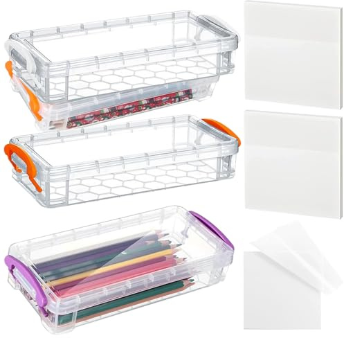 Ferizzia 3 Pièces Boîte à Crayons, Boîte de Rangement pour Stylos, Boite Rangement Transparente, avec Des Notes Autocollantes, pour Papeterie, Crayons Aquarelle, Pinceaux, Fournitures de Bureau