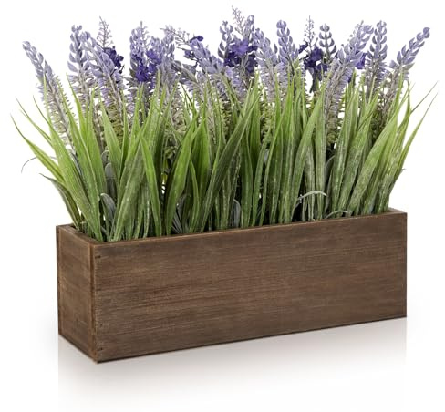 Oairse Artificial Lavender Flower Plants in Rectangular Wooden Planter Box Lifelike Faux Lavender Plant for Home Wedding Kitchen Windowsill Table Shelf Indoor Farmhouse Table Centerpiece Decor
