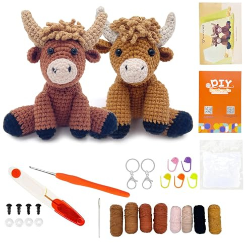 KBIBCK Häkelset für Anfänger, Häkelset Tiere, 2 Stück Hochlandrind Strickset für Erwachsene Kinder, Crochet Set mit Video Anleitung Häkelnadel Garn DIY Häkel Zubehör Bastelset