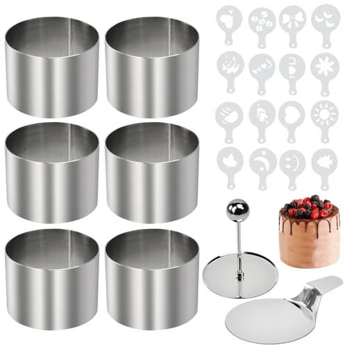 FuxFuis 6 PCS Anneau a Dessert, Cercle à Patisserie Emporte Piece Rond avec Poussoir Moule à Mousse Cercle de Presentation Cuisine Inox avec 16 Pochoir à Café pour Biscuits Pâtisserie
