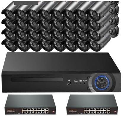 Sistema di telecamere di Sicurezza Poe IP Bullet da 32 canali 8MP 4K for Esterni, Smart Home, Kit di sorveglianza CCTV con Registrazione H.265 NVR(None,32pcs 4MP Cameras)