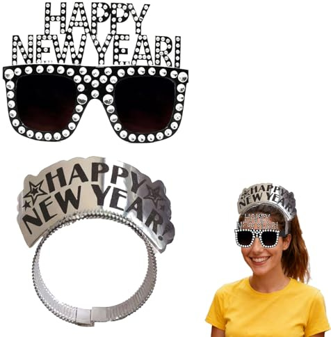 CQXSYTBN 2 Stück Partybrille Silvester 2026, Happy New Year Deko Accessoire, Silber Schwarz, Brille mit Strass für Neujahrsfeier, Ostern & Karneval