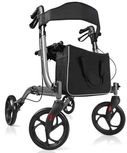 FANTASK 2 in 1 Rollstuhl Rollator, faltbar & leicht Reiserollator Aluminium höhenverstellbar, Gehhilfe mit abnehmbarem Aufbewahrungsbeutel, Laufhilfe für Senioren und Erwachsene (Grau)