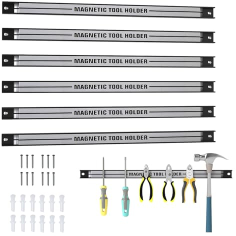 COSTWAY Set of 3/6 Magnetic Tool Holder, Heavy Duty Wall Mount Screwdriver Holder Rack Strip, Space-saving Magnetic Tool Organizer Bars for Garage Workshop Kitchen (Black+Grey, 6 Pcs)