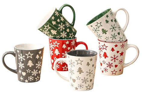 simpa 6PC Christmas Tree & Snowflake Stoneware Mug Set. Volume 350ml. Dishwasher & Microwave Safe.
