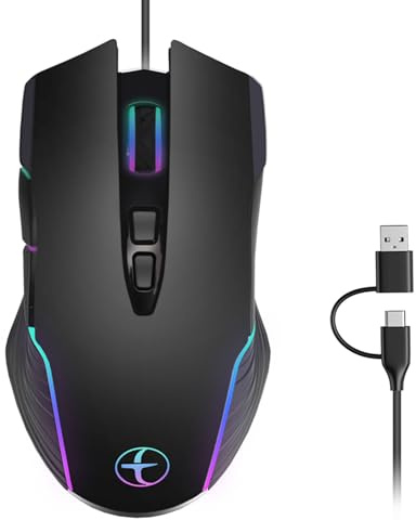 Ergonomic Wired Gaming Mouse with RGB Lighting & Mouse Jiggler, Dual USB-C/USB-A Optical Gaming Mice, 4 Adjustable DPI Up to 7200 Type-C Wired Mouse for Laptop Chromebook mac Computer Windows PC