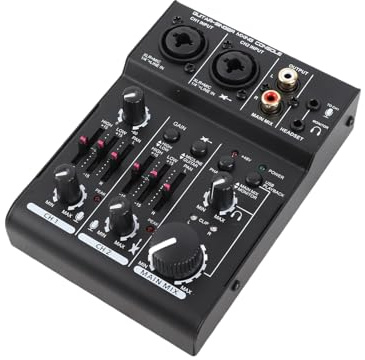POENVFPO 2 Channel USB Sound Mixer with 48V Phantom Power, Stereo Input/Output, LED Level Meters, XLR and 1/4 Inch Inputs for DJs, Home Studio Recording