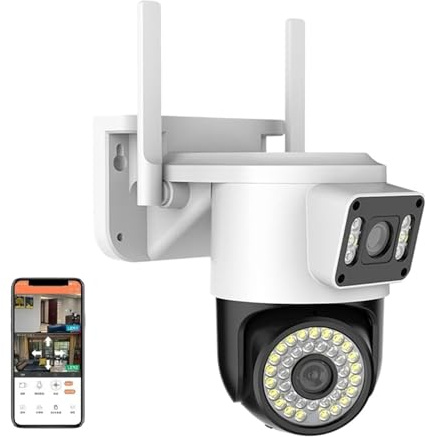 GUYSGNX Telecamere di sicurezza, Telecamera IP 2K 4MP PTZ a doppio obiettivo di sorveglianza audio bidirezionale a schermo for rilevamento umano per uso esterno(4MP Camera add 128G)