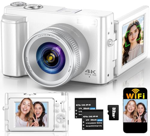 4K Digital Camera for Photography Autofocus, 64MP WiFi Vlogging Camera for YouTube with 2 Batteries, SD Card, 3 180°Flip Screen Selfie Compact Travel Camera for Teens with 16X Zoom, Anti-Shake, White