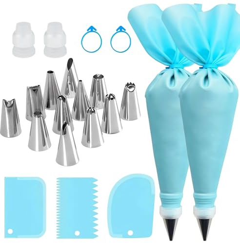 Juego de boquillas de acero inoxidable de 21 piezas con 2 bolsas reutilizables para decoración de pasteles, cupcakes, galletas, accesorios para hornear (azul)