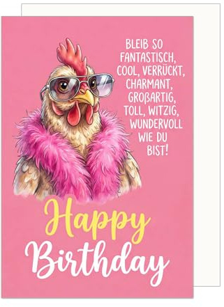 Edition Seidel Premium Glückwunschkarte zum Geburtstag mit Umschlag. Grußkarte Karte Geburtstagskarte Spruch Huhn Sonnenbrille Pink Federboa Tier lustig Humor (G3848 SW026)