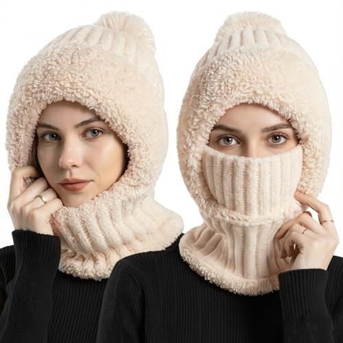 Kunoli Bonnet Hat 3 en 1 pour Femme, Bonnet Hiver Femme Chaud, Cagoule Femme Hiver, avec Écharpe et Masque, Cache-Cou Chaud et Couvre-Visage, Doublé Anti-Vent et Élastique, Idéal (Cremefarben)