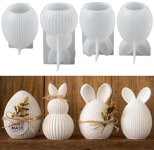 Bafiwu Moules en Silicone Thème Pâques, Lot de 4, Lapins et Œufs, pour Plâtre et Cire de Soja, 12x12x1.5 cm