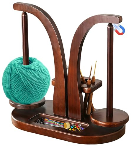 Yowmina Porta Gomitolo Uncinetto in Legno, Doppia Asta Svolgitore di Lana Magnetico Rotante a 360°, Organizer per Accessori con Porta Cellulare, Idea Regalo per Appassionati di Maglia