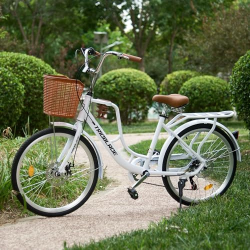 KernGut Women City Bike 24/26Zoll mit Korb,7-Gang Damenfahrad mit Tassenhalter und Reflektoren,Doppelscheibenbremse,Gepäckträger,Verstellbaren Armlehnen und Sitz,Komfort Vintage Fahrra (Weiß, 24 Zoll)