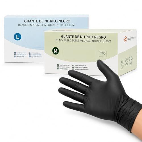 Guantes Nitrilo Negro 100 Uds | Dispositivo Médico Clase I + EPI Cat. III | Sin Polvo Sin Látex | EN455 EN374 ASTM F1671 | Multiuso Sanitario Laboratorio | Talla M/L (Negro, M)
