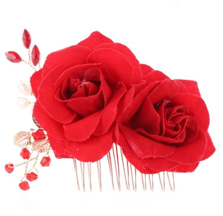 Roter Brauthaarkamm mit Rosenmotiv für Frauen, Elegante Verzierung | Kunstblume mit Strass, Stoff und Metall, Zarter Look für Abschlussball und Mexikanische Themenpartys