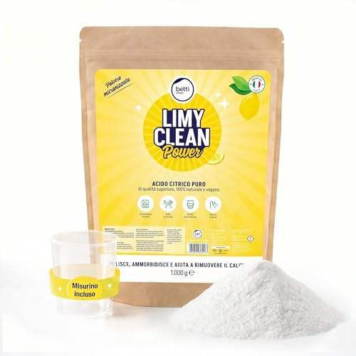 Betti Clean LIMY CLEAN Power Acido Citrico Puro in Polvere 1 kg | Anticalcare Multiuso, Ammorbidente e Brillantante Naturale, Per Lavatrice e Lavastoviglie, Decalcificante Ecologico