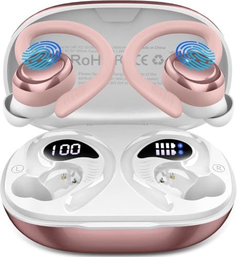 Auriculares Inalámbricos Bluetooth Deportivos, 60H Auriculares Bluetooth 5.4 con HiFi Estéreo, 4 ENC Mics, 2026 Cascos Inalambricos con Cancelación RuidoI/IP7/USB-C Auriculares para Correr Oro Rosa