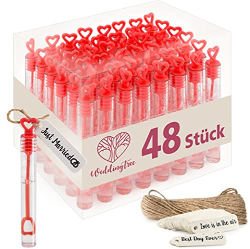 WeddingTree Seifenblasen Hochzeit Set in Rot - 48 teilig mit Herzgriff - herzallerliebst für Hochzeitsdeko Taufe Geburtstag Goldene Hochzeit Verlobung Valentinstag Gastgeschenk Party