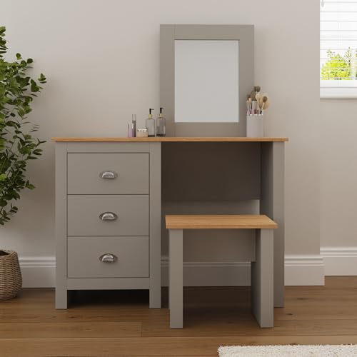 GFW Lancaster Dressing Table Set, Grey and Oak Effect Vanity Table with Mirror, Stool and 3 Drawers, Country Cottage Bedroom Furniture