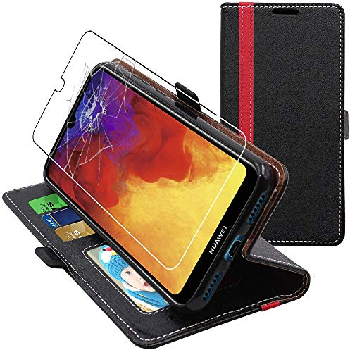 ebestStar - Funda para Huawei Y6 2019, Carcasa Libro Capa, Protectora Cartera, Cuero PU Soporte Tarjeta, Negro/Rojo + Cristal Templado