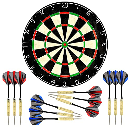 LinkVisions Sisal-/Bristle-Dartscheibe mit klammerfreiem Bullseye und 12 Stahlspitzen-Darts mit robusten Aluminiumschäften, 45,2 x 3,8 cm, inkl. Montageset