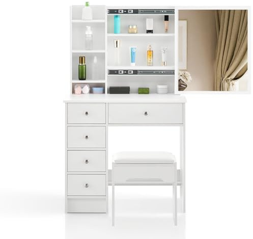 CLIPOP Schminktisch mit Schiebespiegel,Frisiertisch mit 5 Schubladen und Offene Regale Moderner Make-up Tisch aus Holz mit Gepolsterte Hocker für Schlafzimmer,80 x 40 x 130 cm,Weiß