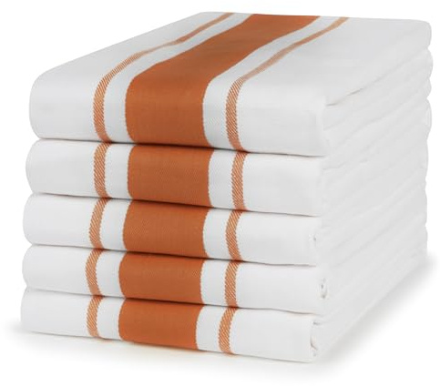 Sticky Toffee 100% Cotton Tea Towel - Terracotta Stripe Pattern, Pack of 5 | Kitchen Towel Set | Absorbent, Strong, Quick Dry & Machine Washable | Home Decor & Bathroom Accessories