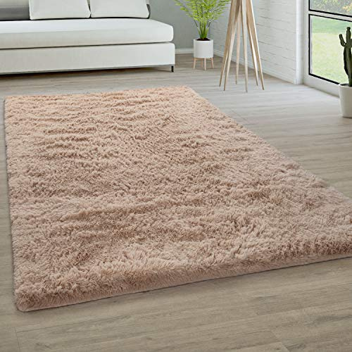 Paco Home Tapis De Salon Poils Longs Fausse Fourrure Shaggy Moelleux Monochrome, Dimension:80x150 cm, Couleur:Beige