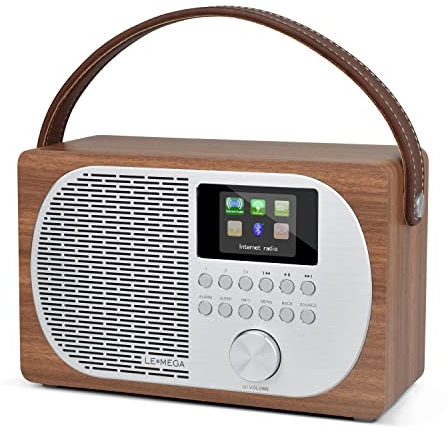 LEMEGA M2P Internet Radio,DAB/DAB+/FM Radio with Bluetooth,Dual Alarms Clock,Mains and Battery Powered Portable DAB Radios Rechargeable Digital Radio,Colour Display,App Control - Walnut