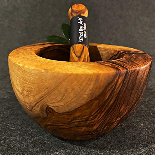 What the Art!® Olive Wood «Le Conique» Gr. L | Olivenholz Mörser inkl. Stößel | Handarbeit | ca. Ø 14 x ↑ 8-10 cm | Gewürzmörser - Kräutermörser - Küchenmörser - Stampfer - Mortar