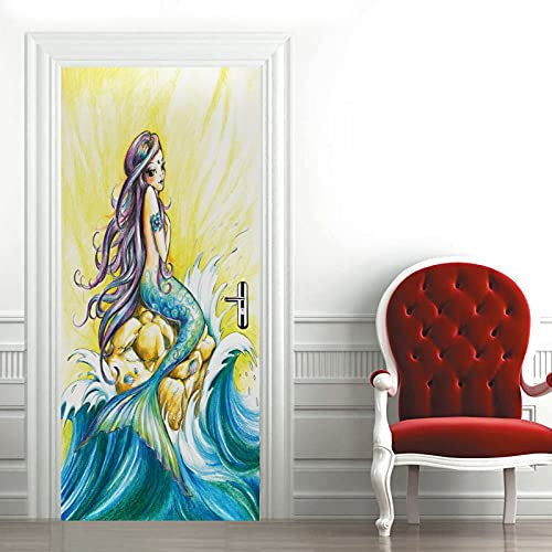 A.Monamour Türtapete Selbstklebend Türfolie Türposter 3D Schöne Meerjungfrau Mit Blick Auf Das Meer Vinyl Folie Türdeko Tapete Wandbild Türaufkleber Türtattoo 85 x 215 cm