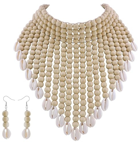 Coiris Boho African Acrylic Beaded Bib Statement Necklace Strands With Shell Layered Cluster Chunky Collar Choker Necklace for Women Fashion Costume Jewelry N0065-Off White+Shell