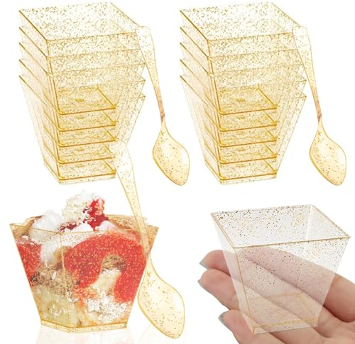 FainFun Dessertbecher Gold, 50 Stück 60ML Wiederverwendbar Dessertbecher, Mini Quadratisch Transparent Desserttassen mit Löffel, Dessertbecher Set Plastik für Hochzeiten, Geburtstage, Partys (Gold)