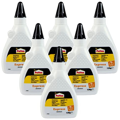Henkel By Pattex Express Holzleim, transparent und schnell trocknender Holzkleber für vielseitige Verleimungs- & Bastelarbeiten, wasserfester Leim in praktischer Flasche, 6x120g