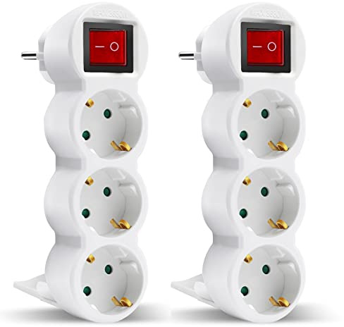 EXTRASTAR 3 en 1 Adaptador Plano con Interruptor y Tres Enchufes Schuko, hasta Carge 3680W, 16A, 250V, Blanco, 2 pcs