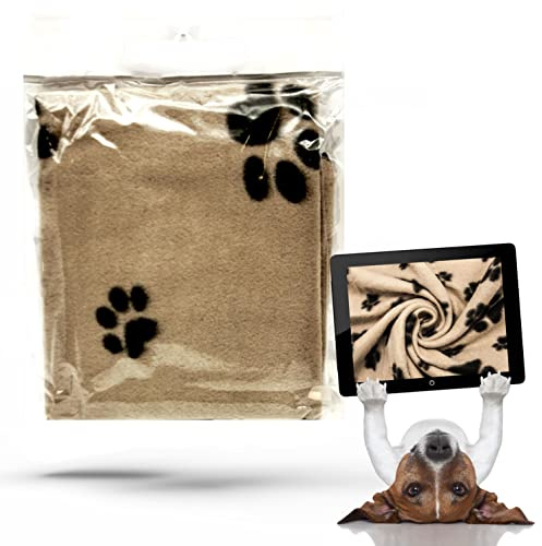 Weiche, warme Hunde-Fleece-Decke mit Pfotenabdrücken, für Katzen, Welpen und Hunde, waschbar, für Reisen (Beige, 70 x 73 cm, 1 Stück)