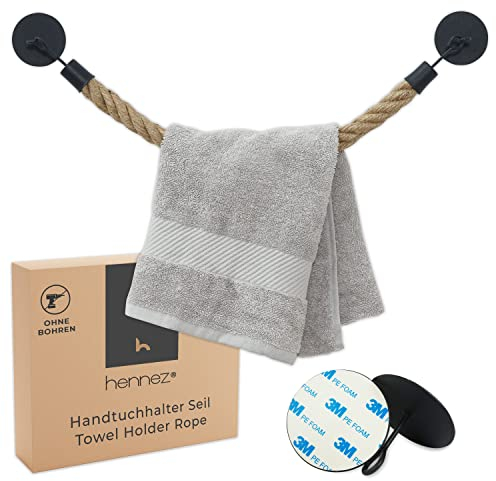 Hennez Handtuchhalter Jute Seil – Handtuchhalter Wand, Bad ohne Bohren – Handtuchhalter Küche Kleben statt Bohren – Geschirrtuchhalter Handtuchstange Schwarz