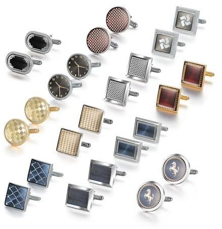 wynameleri Cufflink 12 Pairs, Classic Fashion Men's Cuff Links Silver-Tone Gold-Tone Black for Business Wedding Party Gift Box T0212001