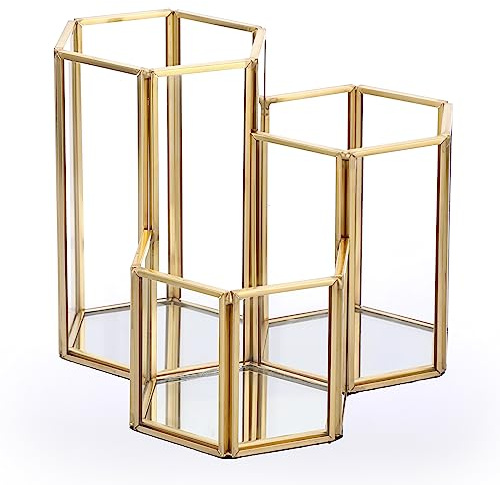Hipiwe Glass Makeup Brush Holder 3 Slot Gold Desktop Pen Pencil Pot Cup