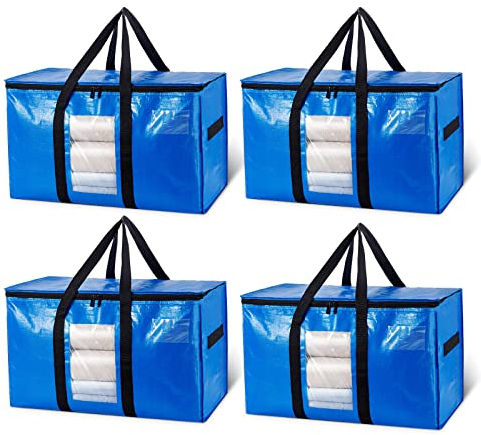 TAILI Umzugstasche mit Reißverschluss, 4 PCS Blau Große Aufbewahrungstasche mit Griffe & Deckel Sichtfenster Aufbewahrung Bettdecken Kleidung Umzug Reisen Bettzeug,Alternativen zu Umzugskartons