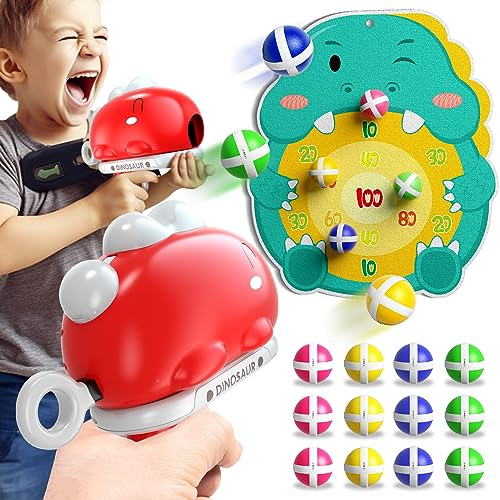 Doloowee Dinosauriepistol skjutspelleksak, barn blaster pistol skjutspel med dartbräda, 12 klibbiga bollar, barn leksaksvapen för inomhus utomhus trädgård, present till pojkar flickor 3, 4, 5 år (röd)