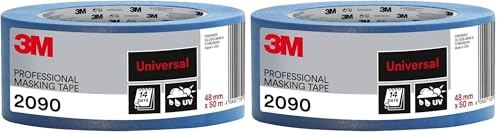 3M Professional Masking Tape 2090, Universal Surfaces, 48 mm x 50 m - UV stable, Water Resistant, For Indoor & Outdoor Painting and Decorating (Pack of 2)