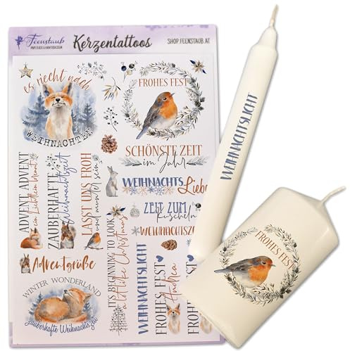 FEENSTAUB Kerzentattoos Weihnachten, Kerzenfolien DIN A5, Wasserschiebefolie Kerzen, Kerzenfolie Frohe Weihnachten, Kerzensticker Advent, Kerzen Aufkleber, Waldtiere