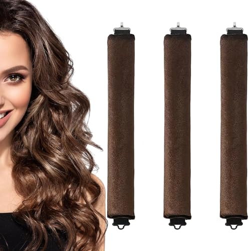 3PCS Sleep In Heatless Curlers No Heat Curler Roller for Long Medium Hair Overnight Heatless Curls Curling Rod for Big Waves, Soft Velvet Thick Flexi Rods with Hook (Brown)